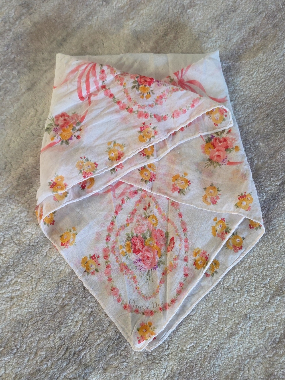 Rare Christian Dior Vintage Handkerchief Floral Bouquet Ribbon 16 x 16 inches